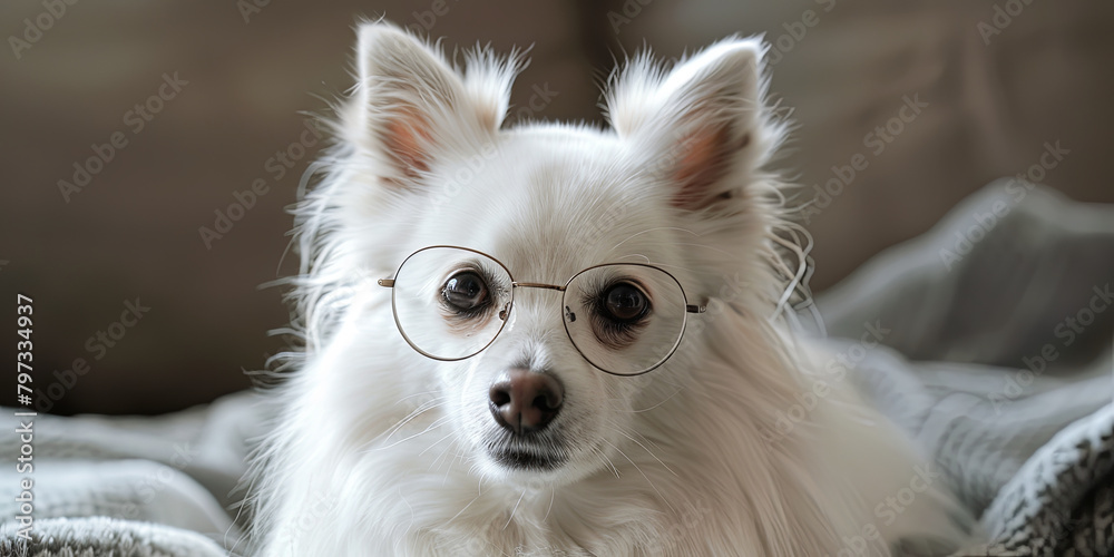 white dog wearing glasses, generative AI white dog wearing glasses, generative AI