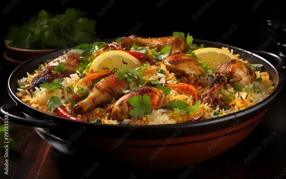Rice with chicken and vegetables in bowl on dark wooden background.