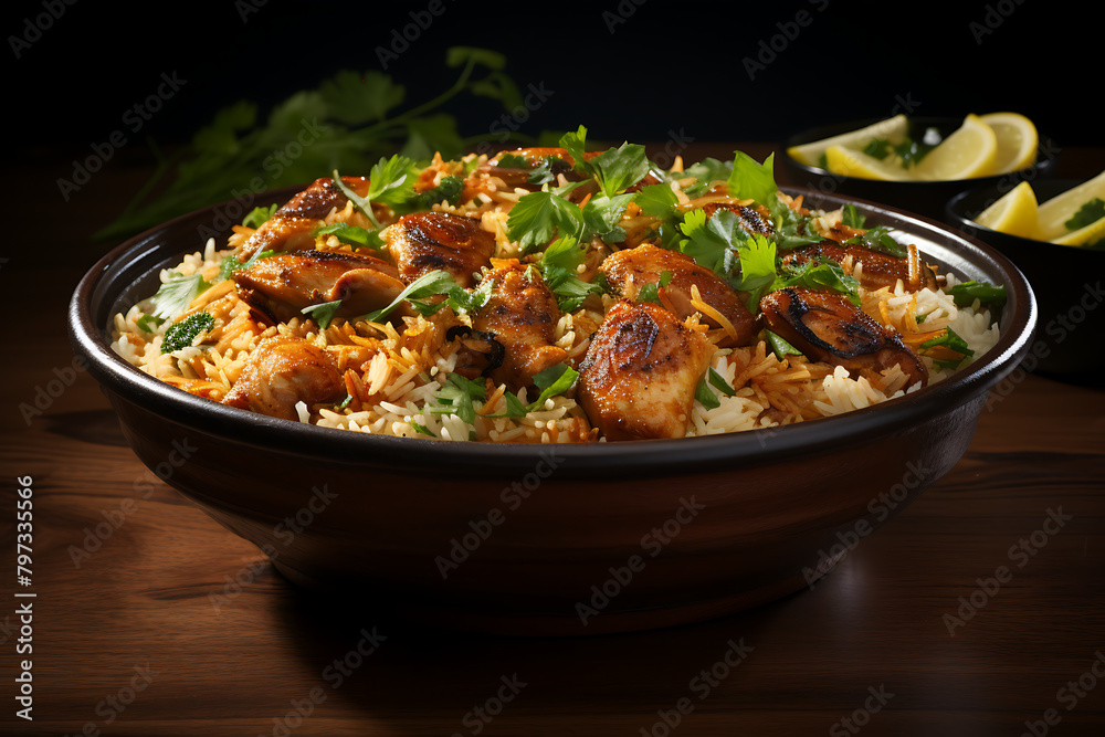 Rice with chicken and vegetables in bowl on dark wooden background.