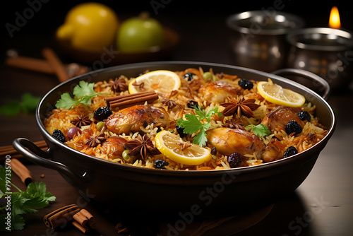 Pilaf with chicken, raisins and rice on a black background photo