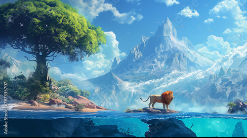 The lion standing under tree with underwater and nice view isolation background, Illustration.