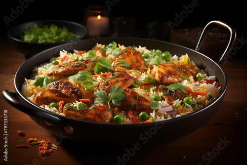 Rice with chicken and vegetables in bowl on dark wooden background.