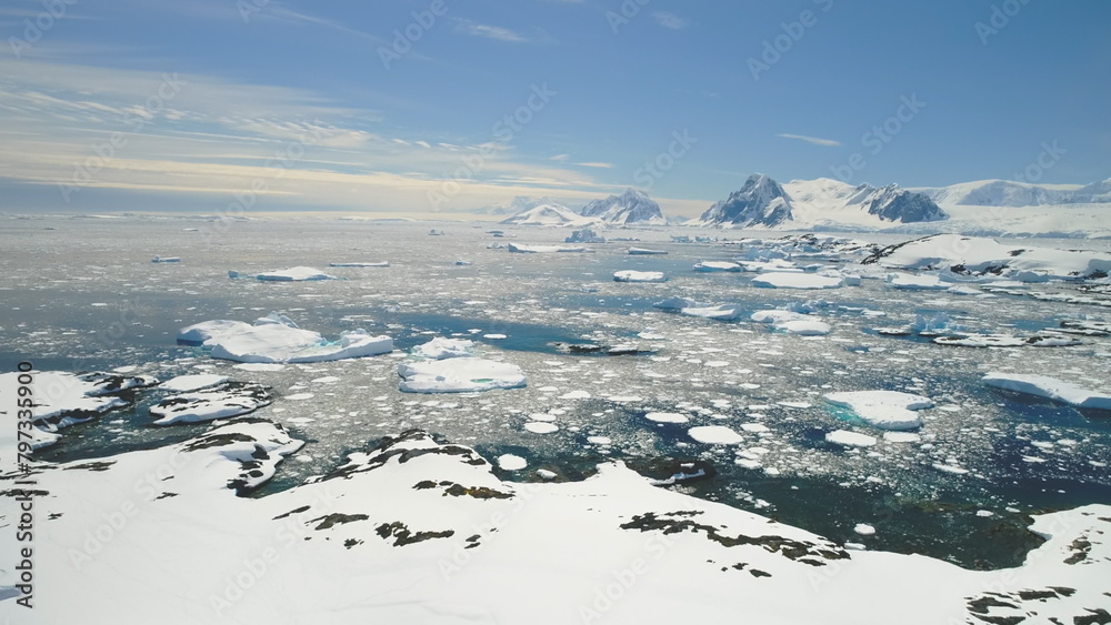 Antarctica Peninsula Ocean Coast Landscape Aerial View. Arctic Majestic Island Beautiful Mountain Horizon. Weather Global Warming Wild Alaska Seascape Concept Drone