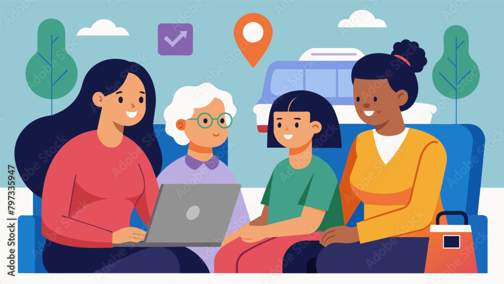 A mother and her teenage daughter waited at the DMV striking up a conversation with an older couple about their favorite travel destinations and. Vector illustration