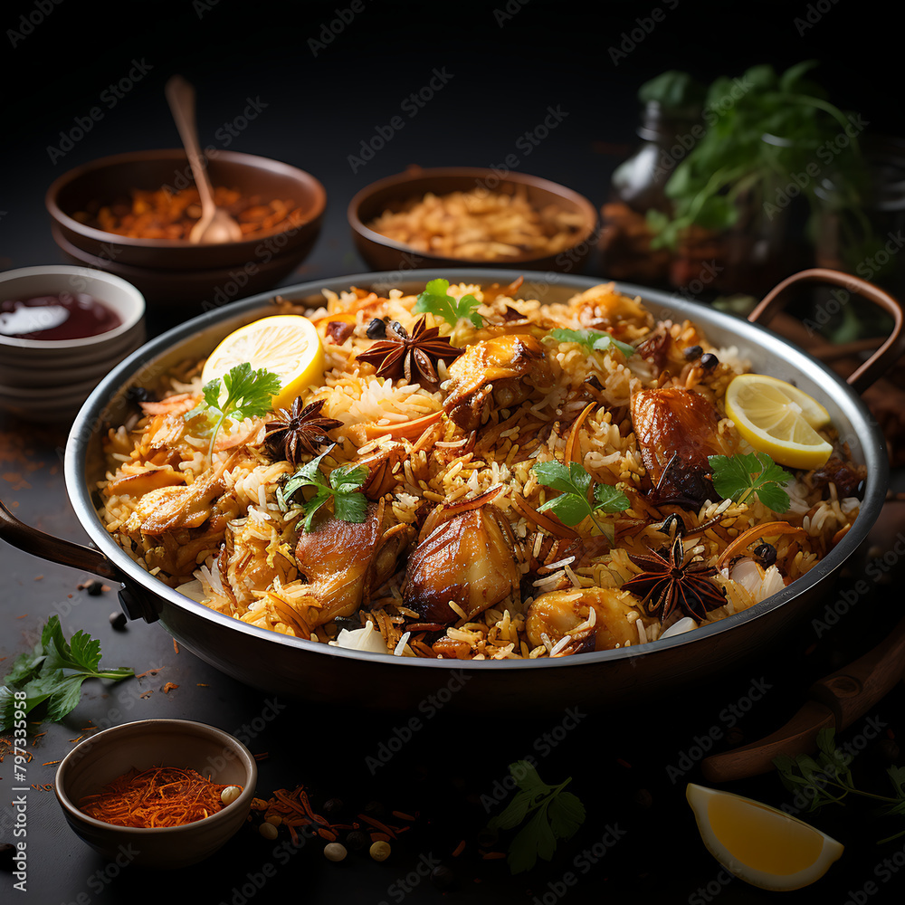 Pilaf with chicken, raisins and rice on a black background Pilaf with chicken, raisins and rice on a black background