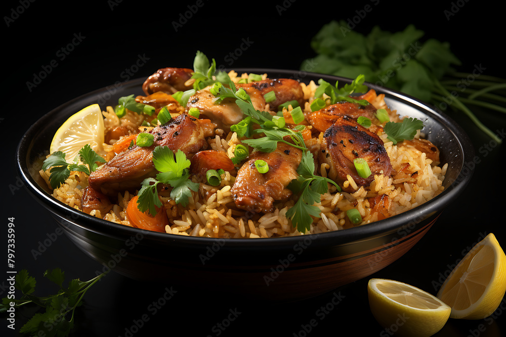Pilaf with chicken, raisins and rice on a black background