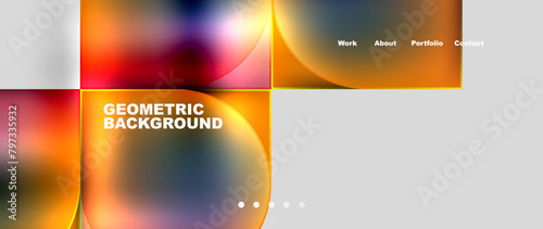 A vibrant geometric background featuring squares and circles in electric blue. The liquidlike material property adds a futuristic touch to the design, resembling a horizon of an astronomical object