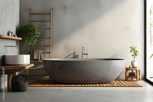 Modern minimalist bathroom interior  white sink  wooden vanity  interior plants  bathroom accessories   generated by AI. 3D illustration
