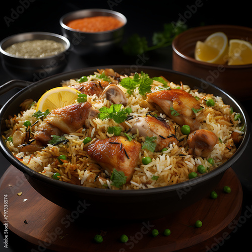 Chicken tikka masala with rice and parsley on wooden background