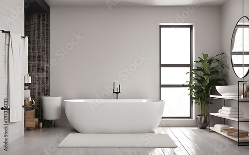 Mock up bathroom with white bathtub 3d illustration rendering 