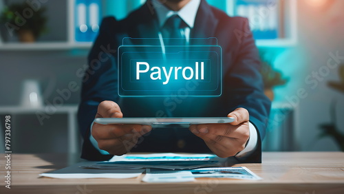 businessman holding tablet with holographic payroll text on above