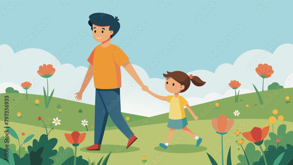 A younger sibling tightly holding onto their older siblings hand as they walk through a meadow adorned with wildflowers.