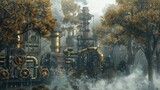 Steampunk Forest with Industrial Machinery.