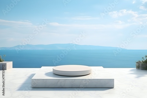 3d illustration of a marble   circle podium stand on the nature  background . 3d rendering. Minimalism geometry background   generated by AI.