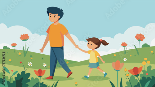 A younger sibling tightly holding onto their older siblings hand as they walk through a meadow adorned with wildflowers.