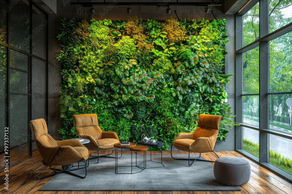 Green living wall in a modern office interior with comfortable armchairs and a coffee table, featuring lush plants for energy efficiency and aesthetic appeal. Created with Ai