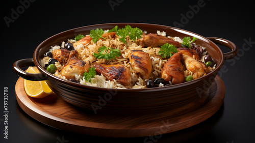 Pilaf with chicken meat and vegetables on a black background.