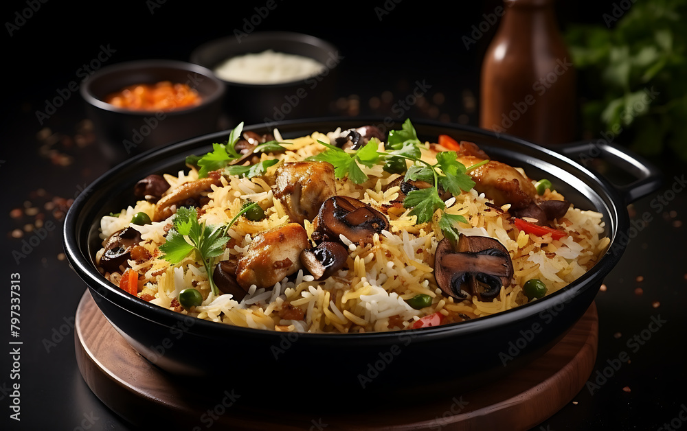 Pilaf with chicken meat and vegetables on a black background.