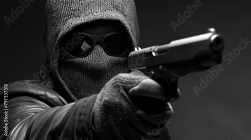 A mysterious man in a hood and sunglasses, equipped with a gun, exudes an air of danger and intrigue. photo