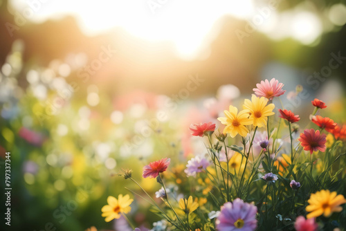Defocused bokeh background of garden flowers in sunny day, summer and spring concept © Marco