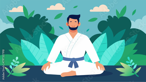 A martial artist sitting in nature eyes closed and palms facing upwards as they breathe deeply and let go of tension and stress.