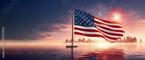 Fourth of July fireworks, Big American flag with celebration for 4th of July, Independence Day, Memorial Day background with copy space for text photo
