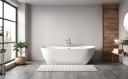 Mock up bathroom with white bathtub 3d illustration rendering 