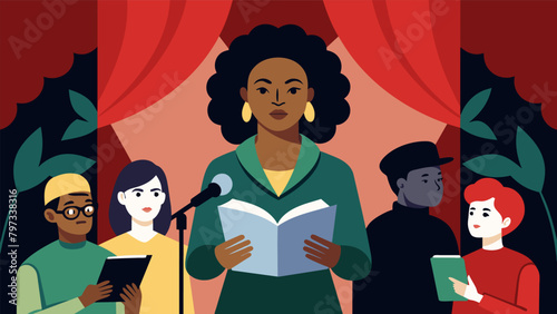 An author reading from her book on the stage with a backdrop of posters depicting influential Black leaders and activists.. Vector illustration