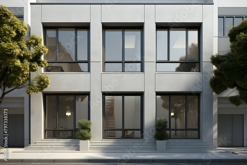 A minimalistic facade of a modern building with a geometric pattern of gray structures , generated by AI. 3D illustration