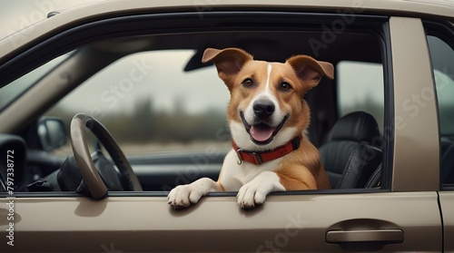 two funny dog drive a car full image isolated .Generative AI © adan