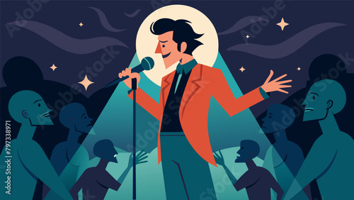 A poet stands proudly with a microphone channeling the voices of their ancestors through their haunting and powerful verses.. Vector illustration