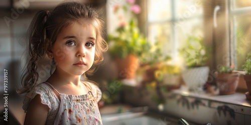 A young girl stands by a kitchen window, looking out into the distance. photo