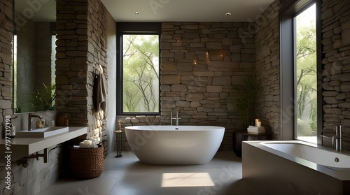 Luxurious Nature Inspired Bathroom with Natural Light .Generative AI