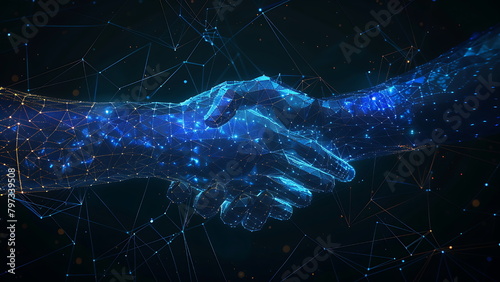 Two wire-frame glowing hands, handshake, technology, business, trust concept. generative ai