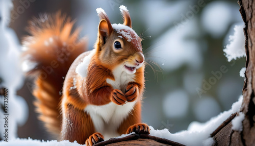A red squirrel sitting on a snow-covered tree trunk with a snowy forest in the background
