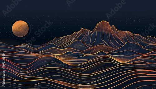 landscape wallpaper design with Golden mountain line arts, luxury background design for cover, invitation background, packaging design, fabric, and print. Vector illustration.