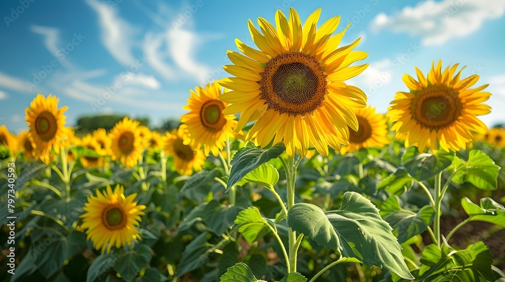 Vibrant Sunflower Field in Bloom under Warm Summer Sky with Wispy Clouds and Lush Greenery