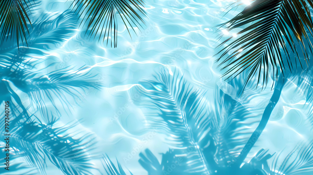 Top view of palm leaf shadow and sun light reflect on clear water surface with white sand background.Summer background.vacation at beach concept. Top view of palm leaf shadow and sun light reflect on clear water surface with white sand background.Summer background.vacation at beach concept.
