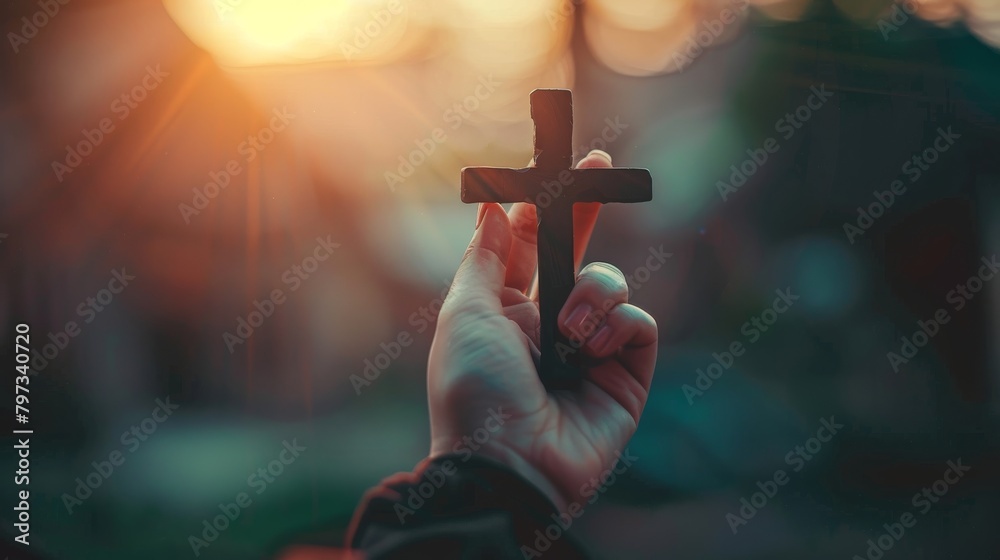 Woman's hand with cross. Concept of hope, faith, christianity, religion, church online. religion Concept .pray for blessings in the church light of happiness Path to the Land of the Gods - obrazy, fototapety, plakaty 