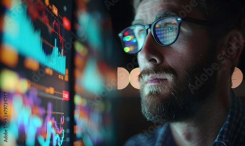 Stock Market Trader Working Investment Charts, Graphs, Ticker, Diagrams Projected on His Face and Reflecting in Glasses. Financial Analyst and Digital Businessman Selling Shorts and Buying Longs