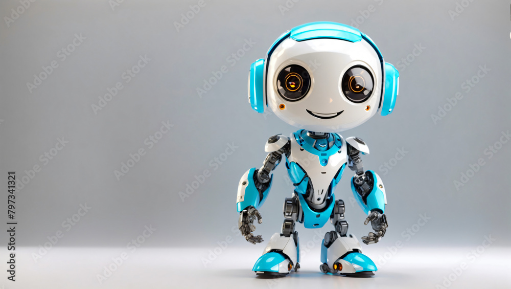 Friendly smiling robot facing the camera on a clean neutral background