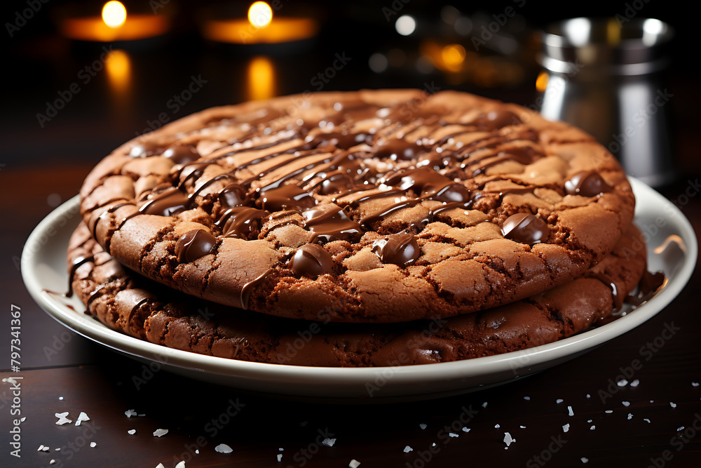 Fototapeta premium Chocolate cake on a wooden table with candles in the background.