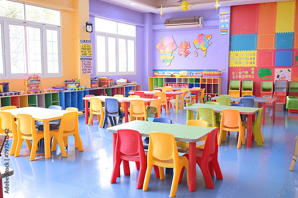  Bright and colorful kindergarten classroom with child-sized furniture and educational toys. Generative AI 