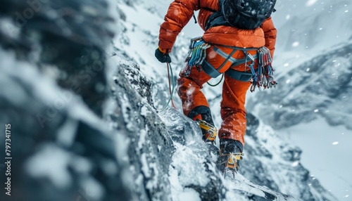 A mountain climber wearing orange jacket and black pants scales a steep snow-covered mountain.