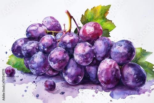 A watercolor painting of a bunch of purple grapes. photo