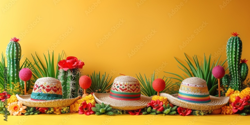 Celebrating Mexican culture and heritage with vibrant symbols of the Cinco de Mayo holiday in a festive display of maracas, a traditional sombrero  