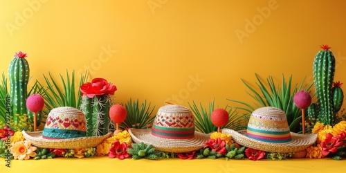 Celebrating Mexican culture and heritage with vibrant symbols of the Cinco de Mayo holiday in a festive display of maracas, a traditional sombrero  