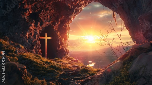 an empty tomb bathed in the warm glow of a sunrise, the discarded shroud and crucifixion cross silhouetted against the radiant light, symbolizing the resurrection and the triumph of life over death. photo