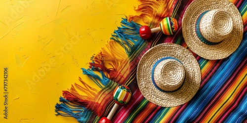 This vivid Mexican national holiday concept includes colorful sombreros, vibrant maracas, and an eye-catching striped serape against a cheerful yellow backdrop 