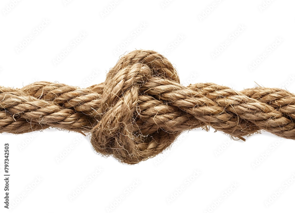 Tied knot of jute rope on white background closeup view